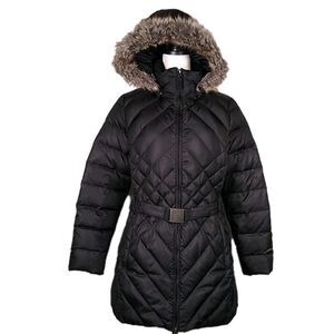 EDDIE BAUER Slope Side Down Parka Puffer Belted Detachable Hood + Trim Black L P